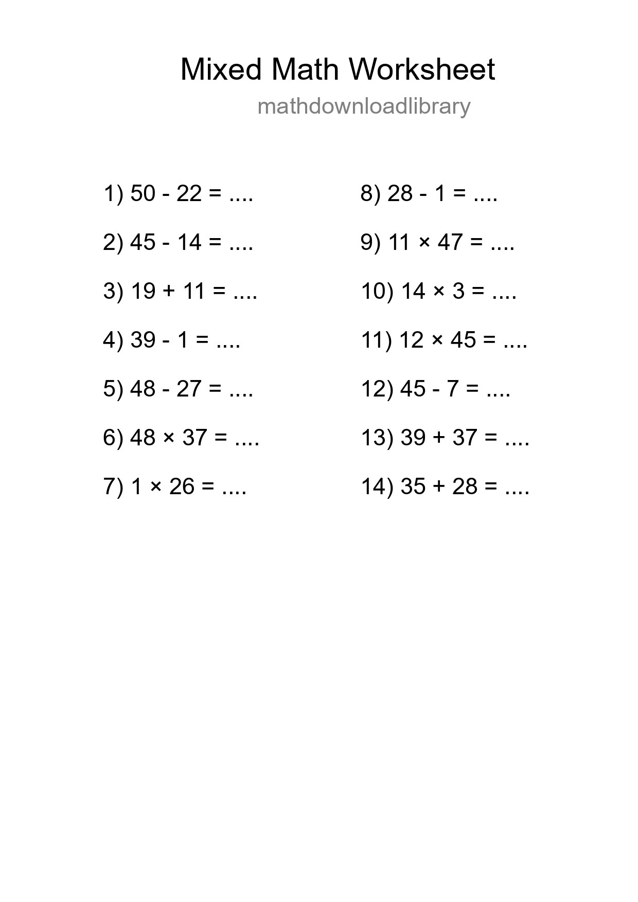 Mixed Operations Math Worksheet