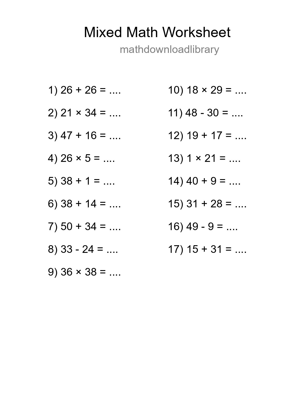 Mixed Operations Math Worksheet
