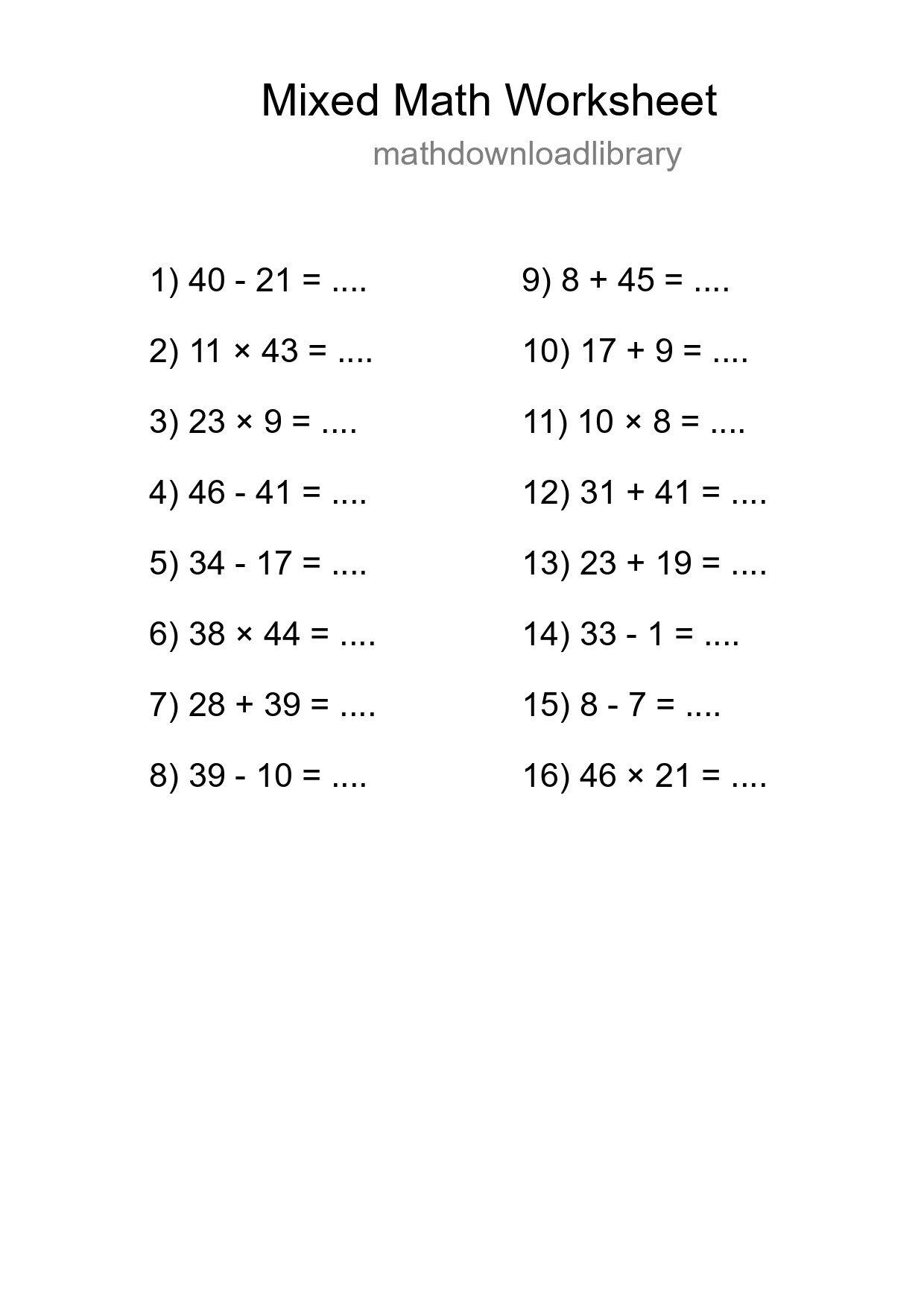 Mixed Operations Math Worksheet