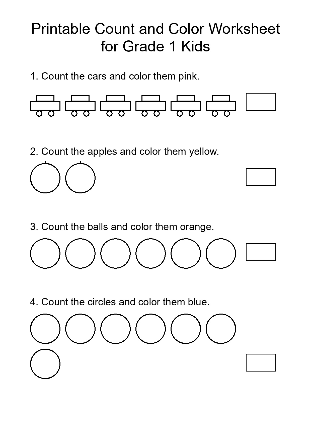 Printable Count and Color Worksheet for Grade 1 Kids
