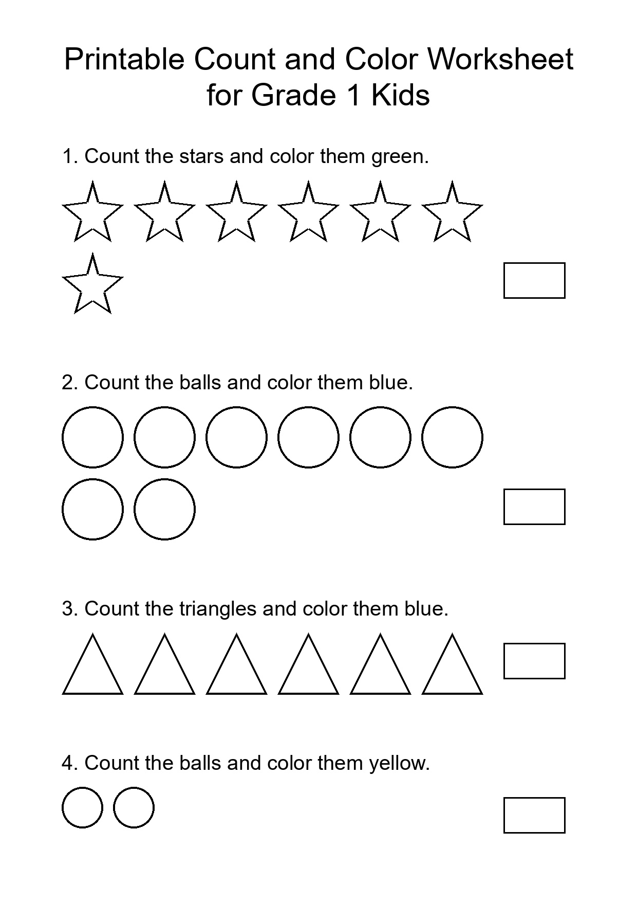 Printable Count and Color Worksheet for Grade 1 Kids