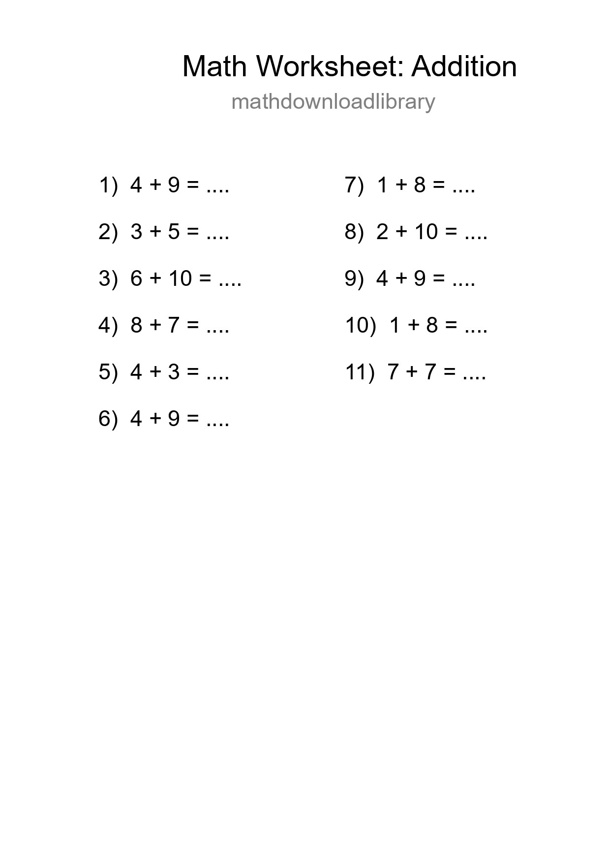 Printable Free 11 Addition Math Worksheet For Grade 1 - Part 133