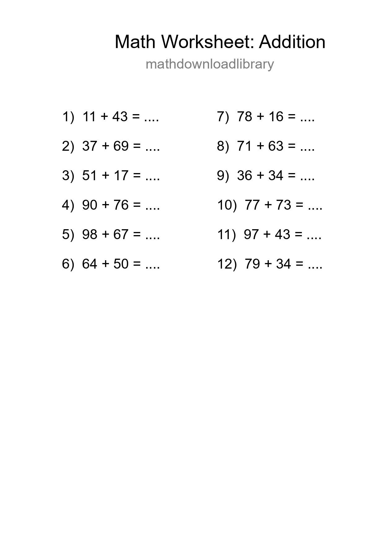 Printable Free 12 Addition Math Worksheet For Grade 3 - Part 177