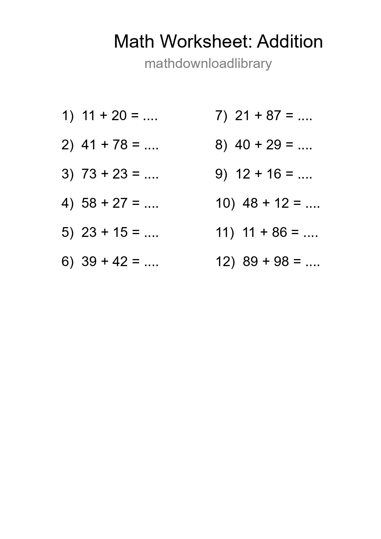 Printable Free 12 Addition Math Worksheet For Grade 3 - Part 265