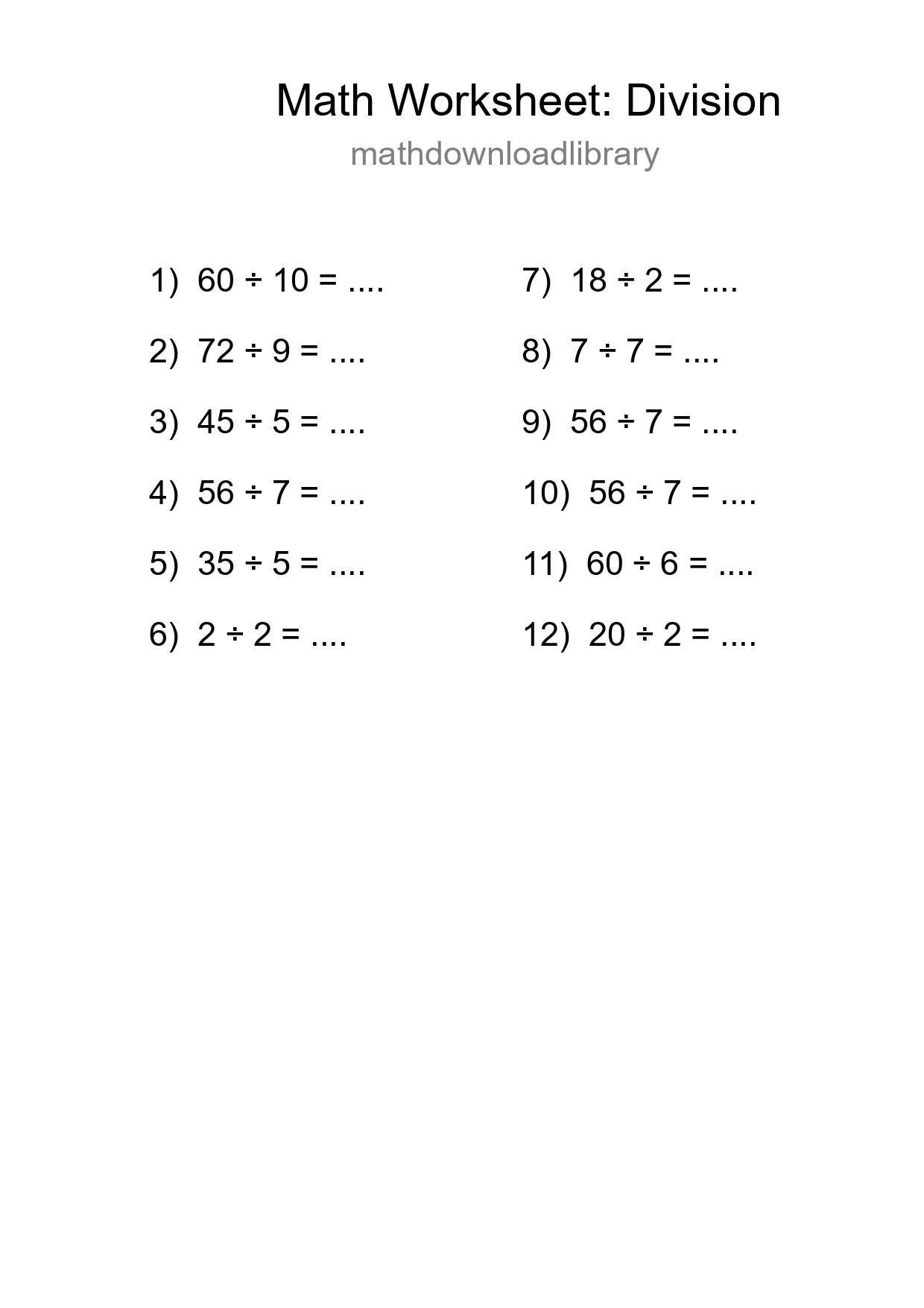 Printable Free 12 Division Math Worksheet For Grade 1 - Part 26