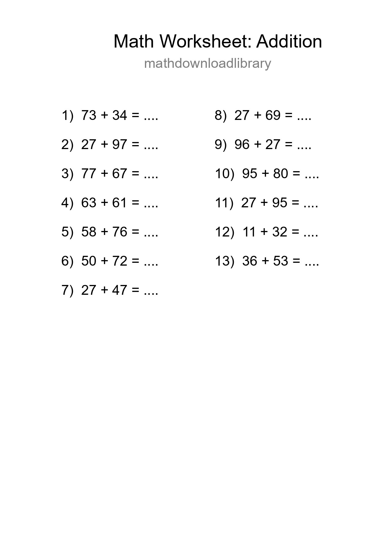 Printable Free 13 Addition Math Worksheet For Grade 3 - Part 287