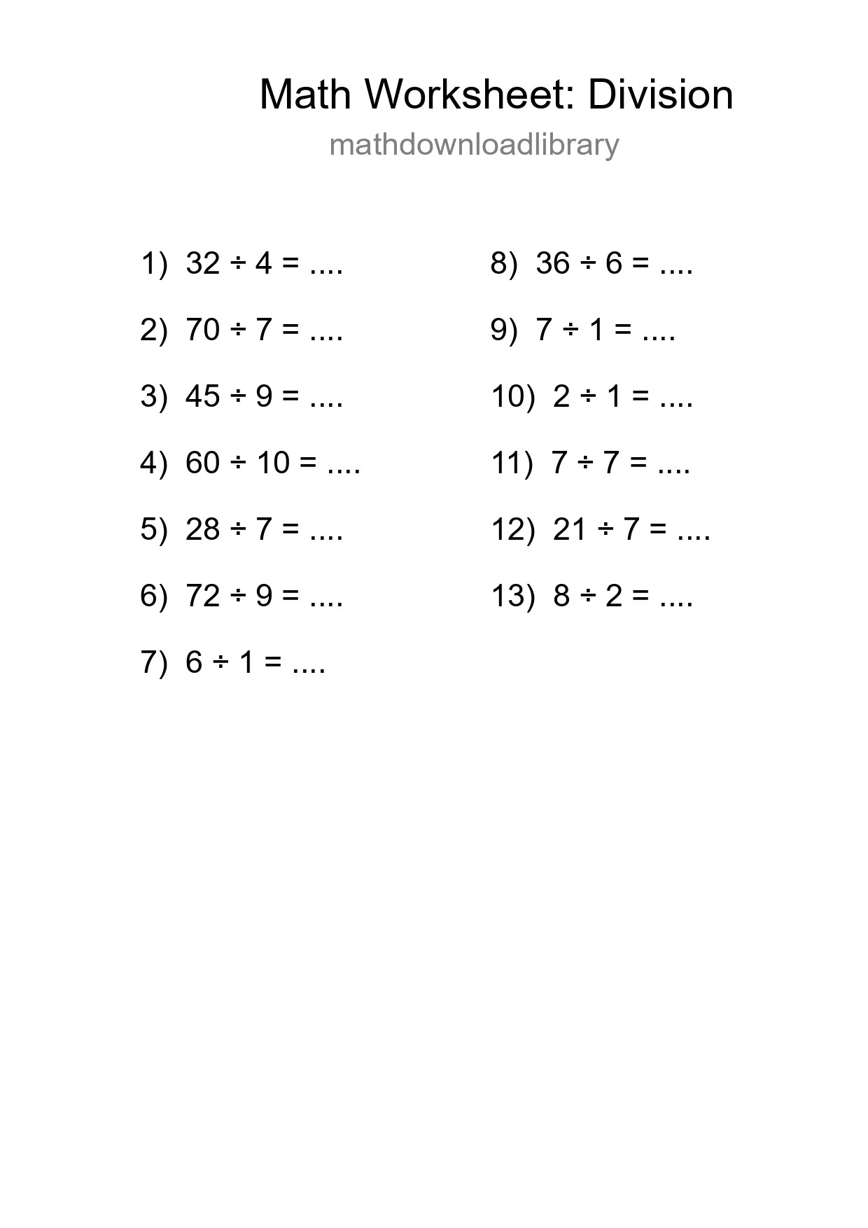 Printable Free 13 Division Math Worksheet For Grade 1 - Part 158