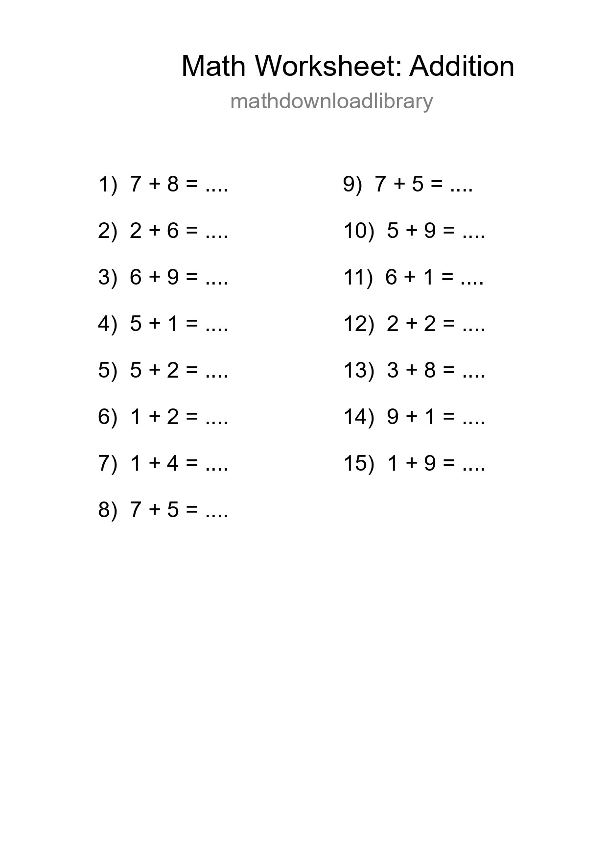 Printable Free 15 Addition Math Worksheet For Grade 1 - Part 56