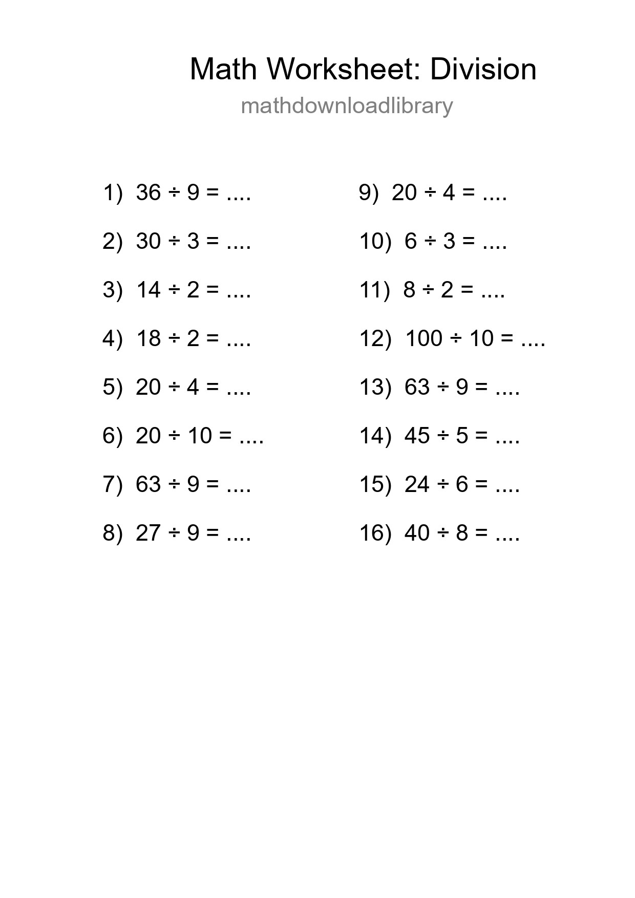 Printable Free 16 Division Math Worksheet For Grade 1 - Part 48