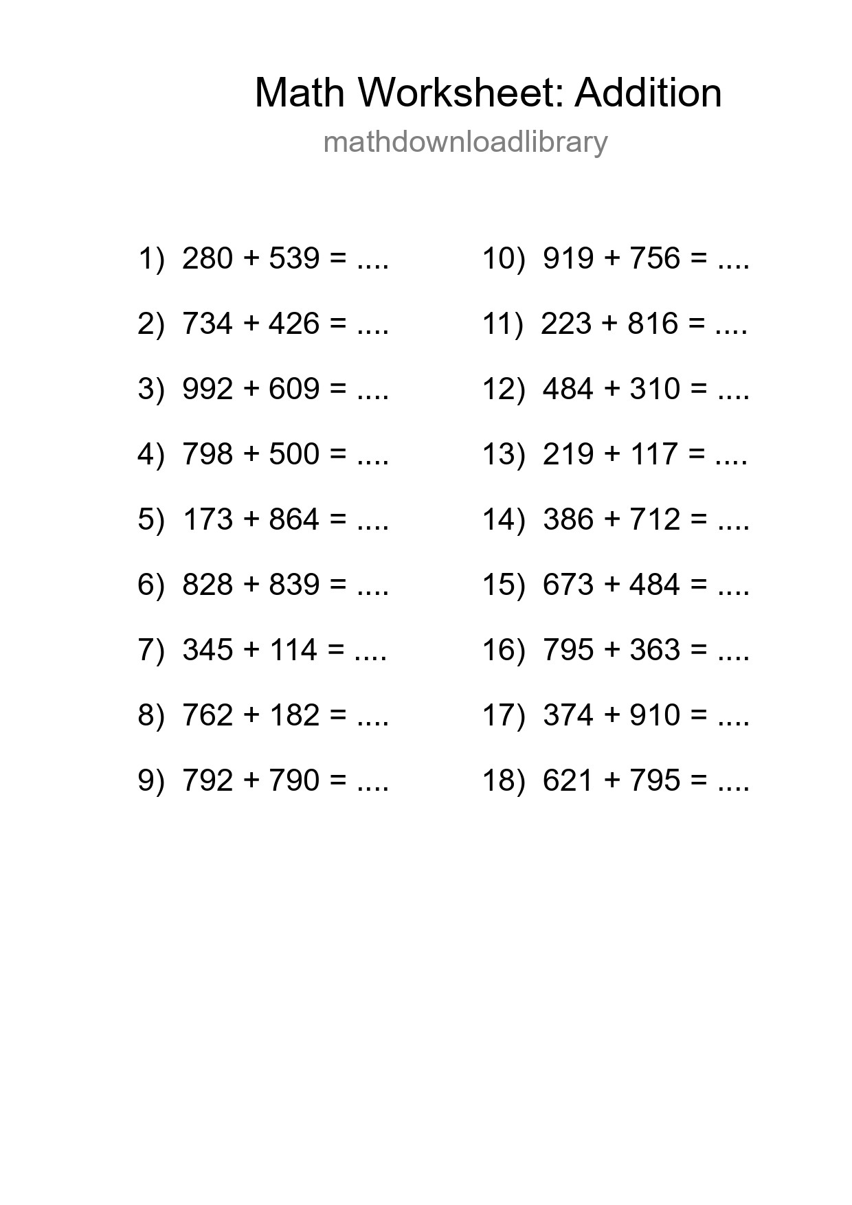 Printable Free 18 Addition Math Worksheet For Grade 5 - Part 34