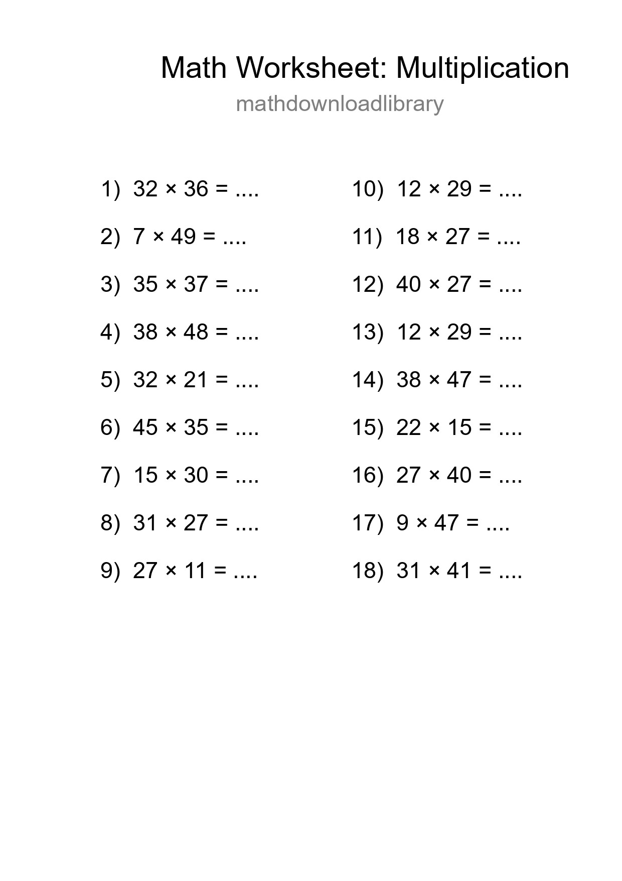 Printable Free 18 Multiplication Math Worksheet For Grade 2 - Part 227