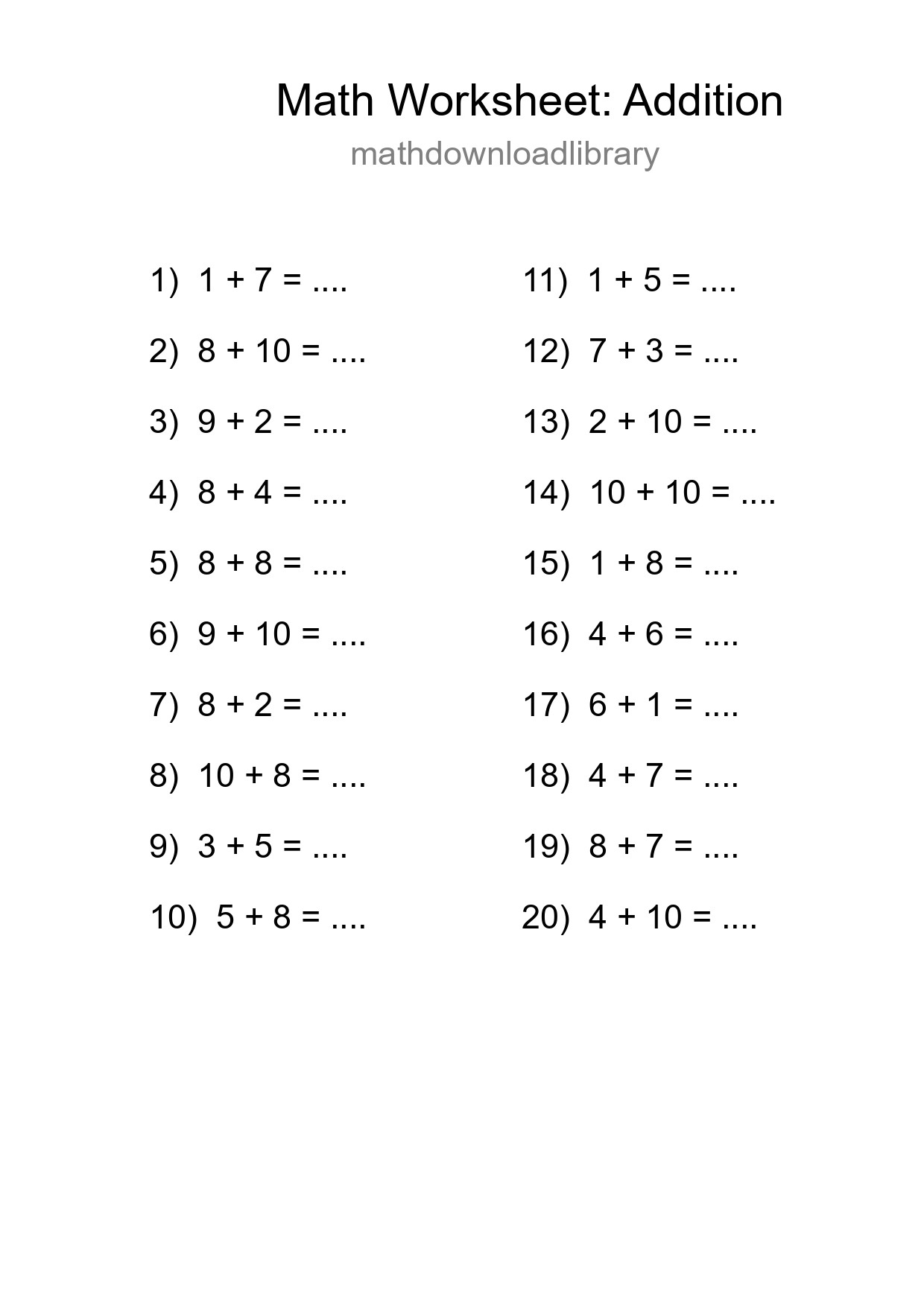 Printable Free 20 Addition Math Worksheet For Grade 1 - Part 100