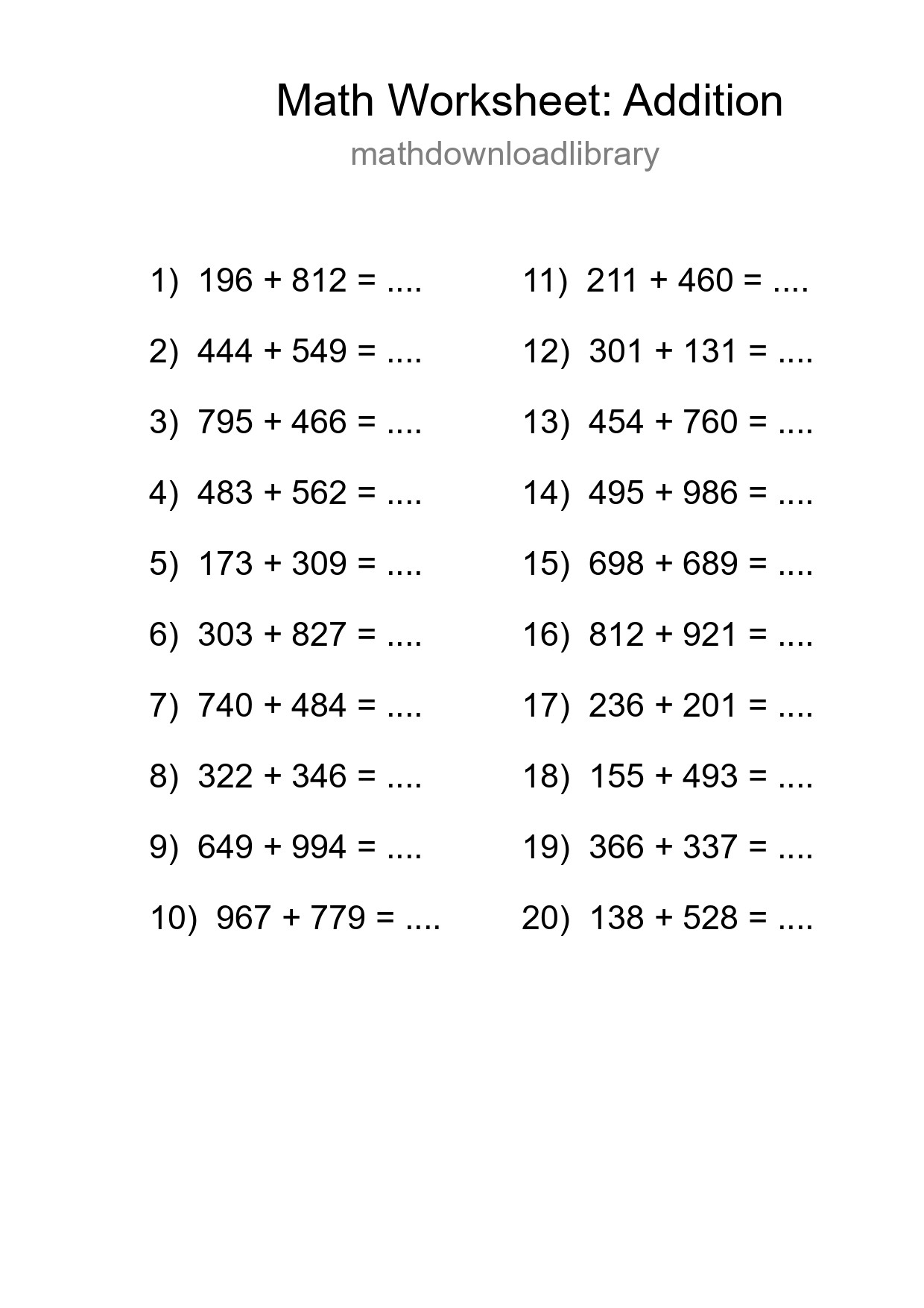 Printable Free 20 Addition Math Worksheet For Grade 5 - Part 210