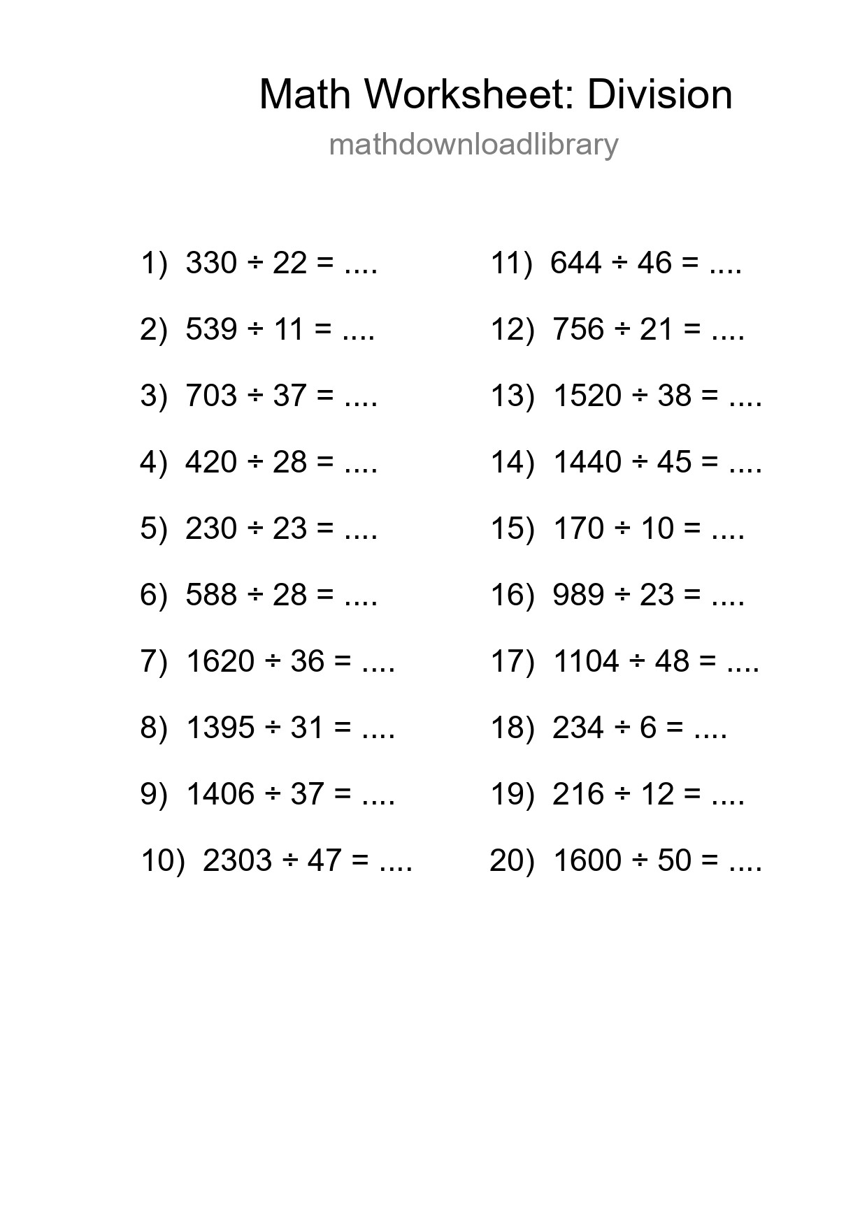 Printable Free 20 Division Math Worksheet For Grade 2 - Part 279