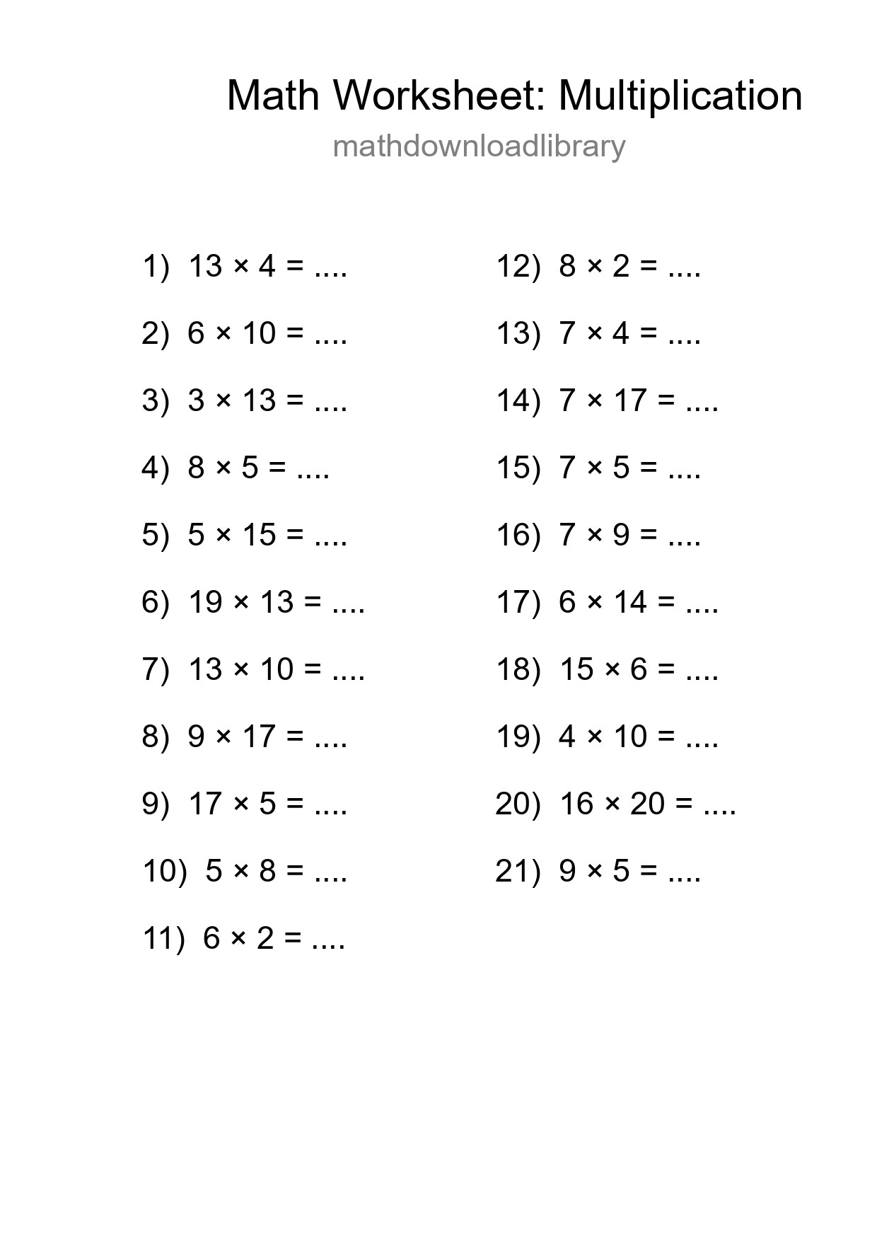 Printable Free 21 Multiplication Math Worksheet For Grade 2 - Part 73