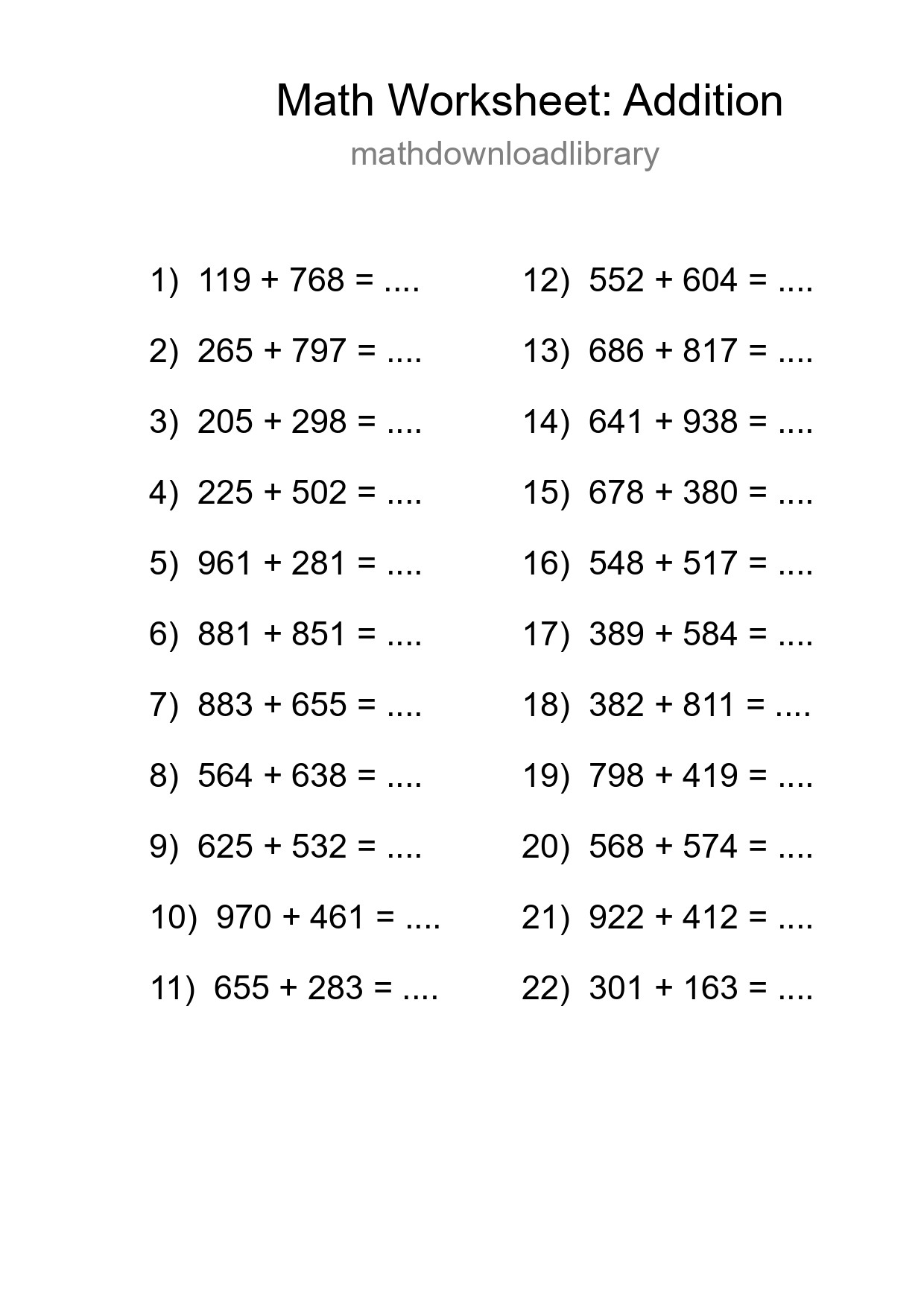Printable Free 22 Addition Math Worksheet For Grade 5 - Part 12
