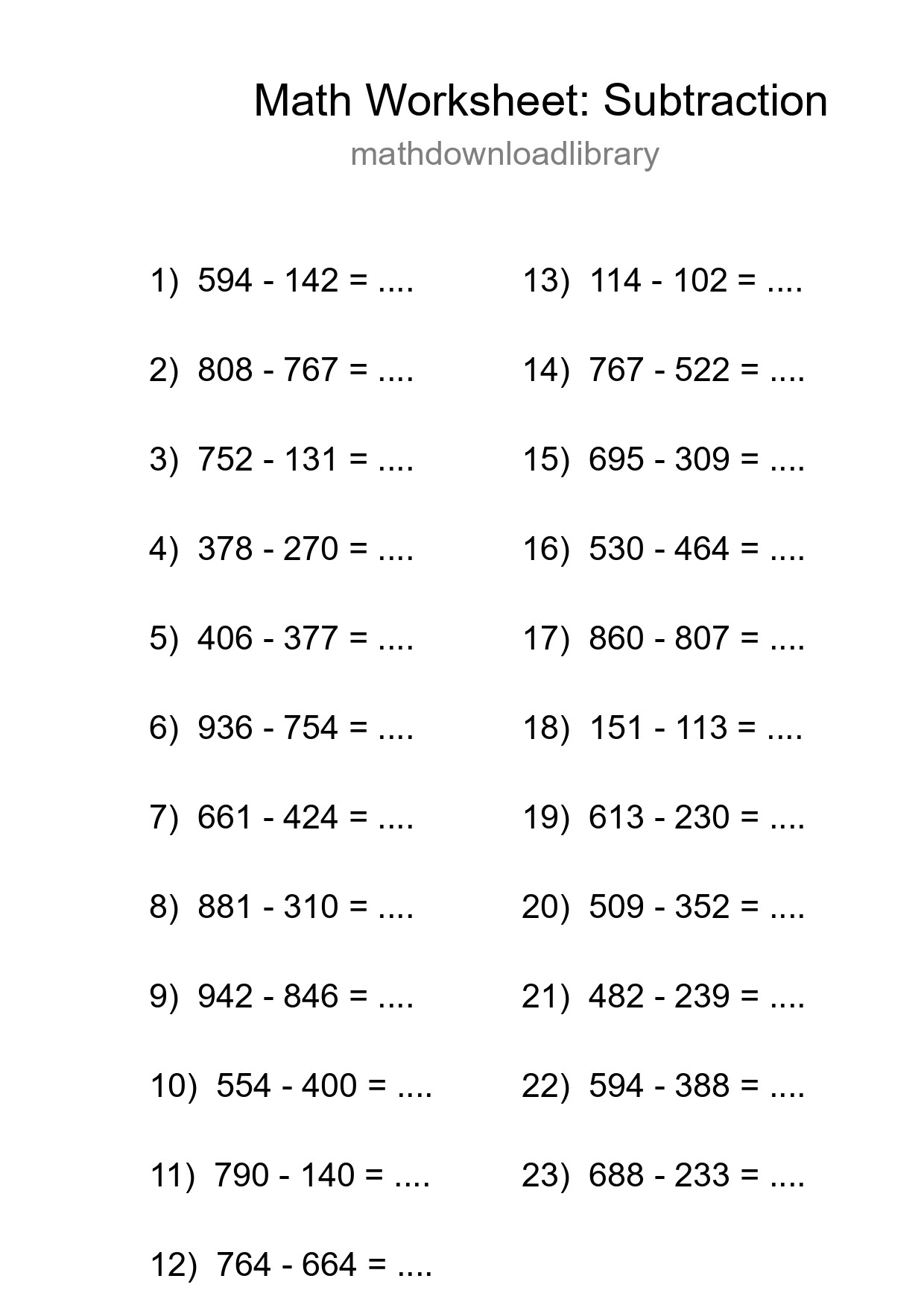 Printable Free 23 Subtraction Math Worksheet For Grade 5 - Part 294