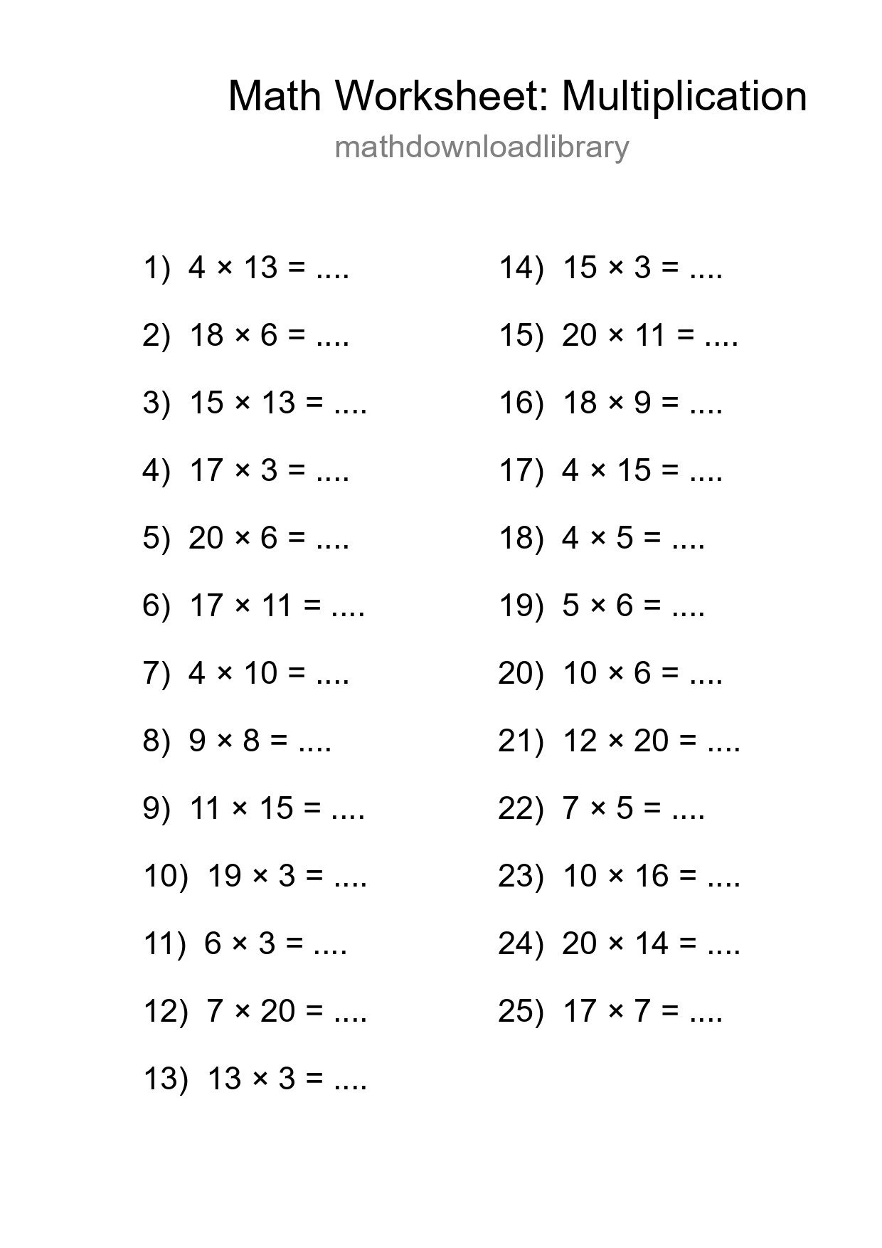 Printable Free 25 Multiplication Math Worksheet For Grade 2 - Part 183