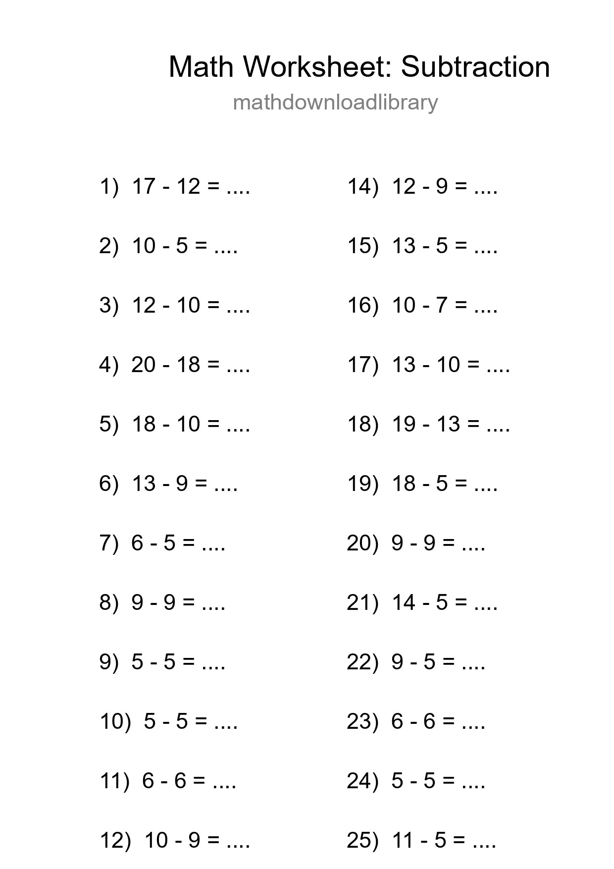 Printable Free 25 Subtraction Math Worksheet For Grade 2 - Part 184